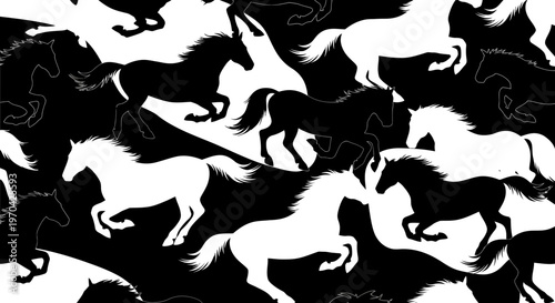 Seamless Pattern of Galloping Horses in Black and White.