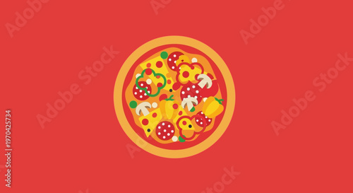 Delicious Cartoon Pizza Slice with Toppings Illustration.
