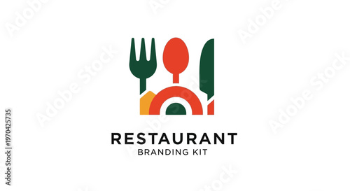 Restaurant Branding Kit Logo Design with Utensils and Abstract Shapes.