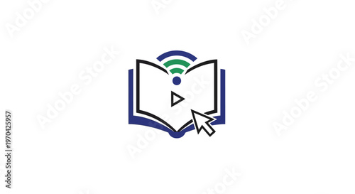 Online Education Book with Play Button and Cursor Icon.