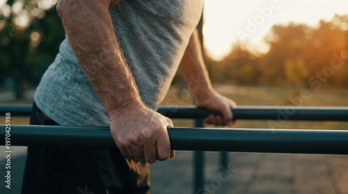 Close-up of senior hands gripping parallel bars for workout