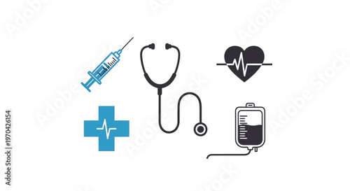 Medical Icons Set Featuring Stethoscope Syringe Heartbeat And Cross.