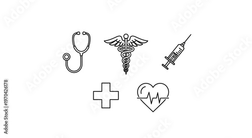 Collection of Medical Icons Stethoscope Caduceus Syringe Cross Heartbeat.