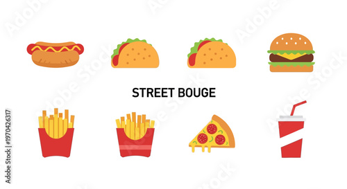 Collection of popular street food items and drinks.