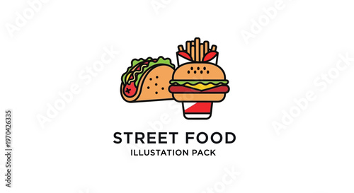 Colorful Street Food Illustration Pack with Burger Taco and Fries.