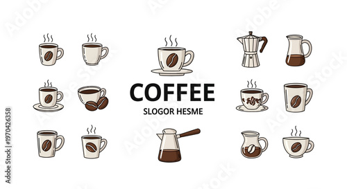 Collection of Coffee Cups and Coffee Making Equipment.