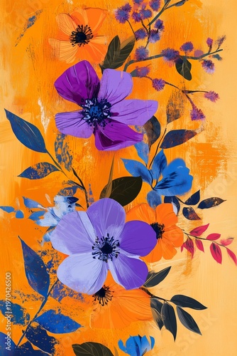Digital floral collage on warm yellow-orange backgrond. Hand-drawn effect withviolet, blue, and orange fowers and leaves, expressie and artistic, suitable fr creative decor and moder design