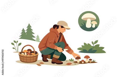 A mushroom foraging scene where a person collects edible mushrooms in a quiet forest setting with attention to nature and safety, a basket and a