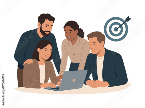 A team aligning on shared goals during a focused collaboration session, gathered around a laptop while a simple target symbol with an arrow appears