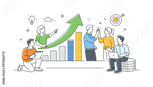 A business growth and progress scene showing a small team collaborating around a large upward arrow and a simple bar chart, using a clear visual