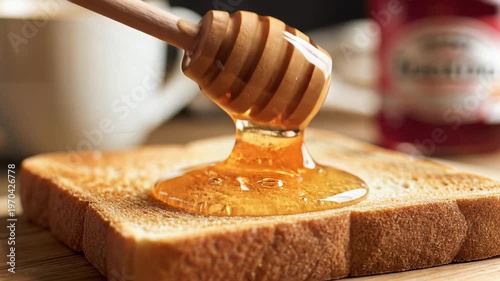 Golden Honey Drizzling on Toasted Bread for Breakfast.