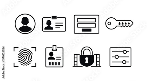 Digital identity and access: user profile, ID card, login form, password key, biometric scan, access badge, secure gateway, permission settings