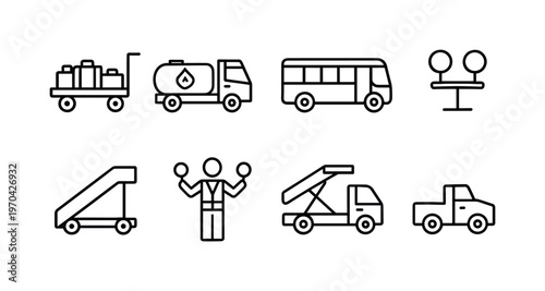 Airport ground operations: baggage cart, fuel truck, airport shuttle bus, runway lights, aircraft stairs, ground crew signal, cargo loader, airport
