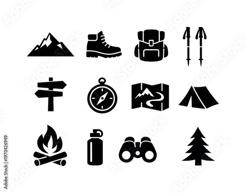 Mountain and hiking: mountain peak, hiking boot, backpack, trekking poles, trail sign, compass, map, camp tent, campfire, water bottle, binoculars