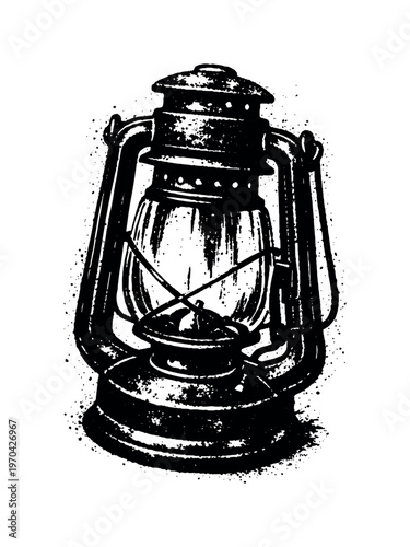 A vintage lantern shown in three-quarter perspective, slightly tilted so the glass chamber and metal frame are both visible, occupying most of the