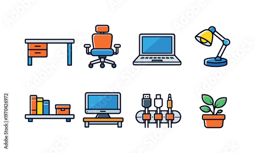Home office setup: desk table, ergonomic chair, laptop computer, desk lamp, bookshelf, monitor stand, cable organizer, desk plant