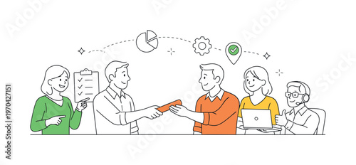 A clear handoff coordination scenario where team members transfer responsibilities smoothly between stages of a project during a structured workflow