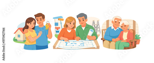 Wide horizontal editorial illustration of three couples in different life stages  a young couple with a key to a first home, a middle-aged couple