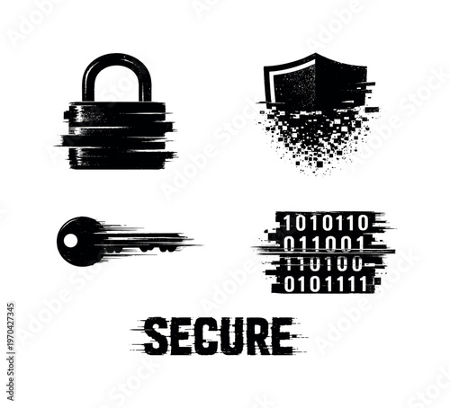 Encryption and data protection theme, a set of four glitch-distorted monochrome objects placed on a perfectly clean white background