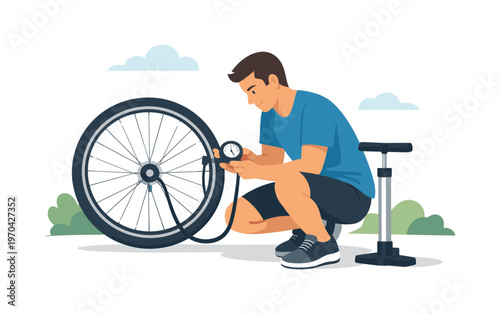 A bicycle tire inflation scene where a person carefully pumps air into a wheel in a simple outdoor setting with attention to pressure and readiness, a
