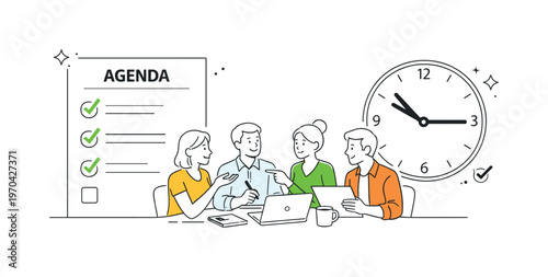 A structured meeting efficiency scenario where a team conducts a focused discussion and reaches clear outcomes without distractions, centered around a