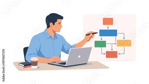 A professional organizing a clear dependency mapping during a focused planning session, sitting at a desk with a laptop while arranging a simple