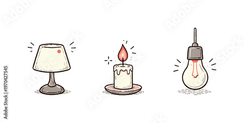 Simple home lighting theme  a horizontal row of 3 related hand-drawn objects on a white background: a small table lamp with a tiny red dot on the