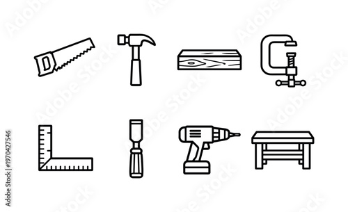 Woodworking and carpentry tools: hand saw, hammer, wood plank, chisel, clamp, measuring square, drill, workbench