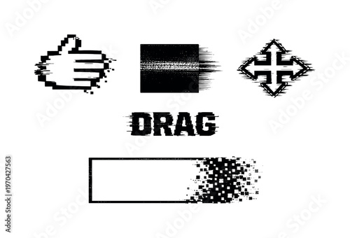 Digital drag and drop interaction theme, a set of 4 glitch-distorted monochrome objects placed on a perfectly clean white background