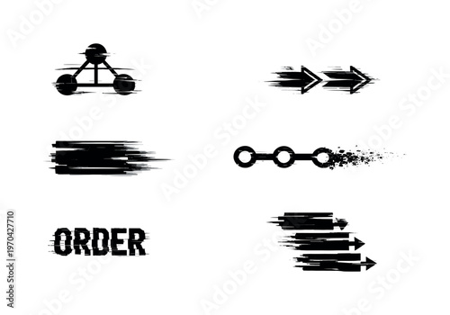 Digital dependency graph and execution order theme, a set of 5 glitch-distorted monochrome objects placed on a perfectly clean white background