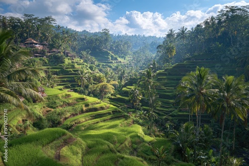 Lush green rice terraces cascade down a hillside, under a bright sky