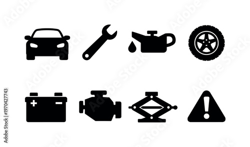 Car maintenance: car, wrench, oil can, tire, battery, engine, jack lift, warning dashboard symbol