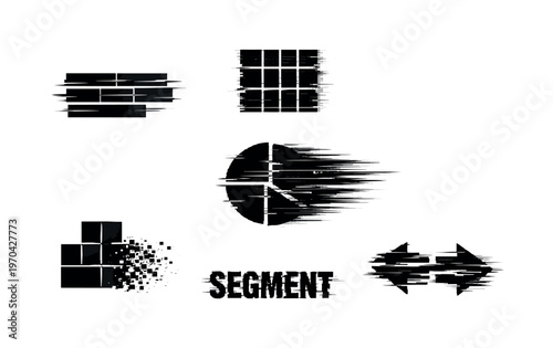 Digital data segmentation and partitioning theme, a set of 5 glitch-distorted monochrome objects placed on a perfectly clean white background
