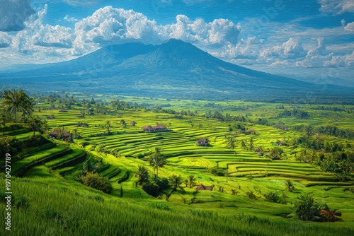 Lush green rice terraces cascade down a hillside with majestic mountain backdrop