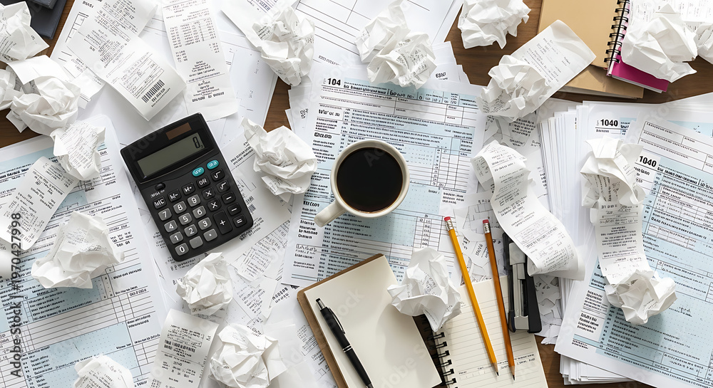 Fototapeta premium Overhead view of a messy desk with crumpled papers calculator and coffee cup.