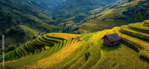Lush green rice terraces cascade down hills, accented by small wooden structures. Mountain backdrop