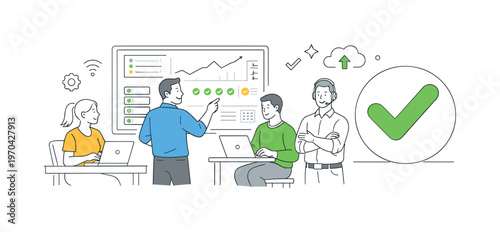 A digital system monitoring and uptime control scene showing a small team overseeing operations around a large dashboard and a check indicator, using