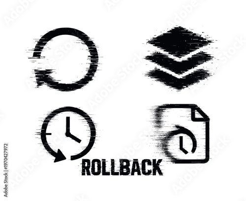 Digital version rollback and restore points theme, a set of four glitch-distorted monochrome objects placed on a perfectly clean white background
