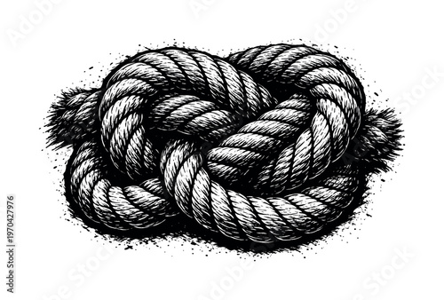 A thick rope knot tied into a complex sailors knot shown in a slightly angled perspective, enlarged to fill the frame as an intertwined organic form