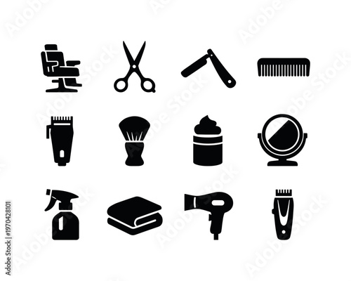 Hair styling and barber: barber chair, scissors, straight razor, comb, hair clipper, shaving brush, shaving foam, mirror, spray bottle, towel, hair