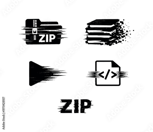 Digital compression and file formats theme, a set of four glitch-distorted monochrome objects placed on a perfectly clean white background