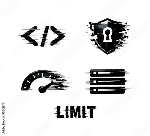 Digital API security and rate limiting theme, a set of four glitch-distorted monochrome objects placed on a perfectly clean white background