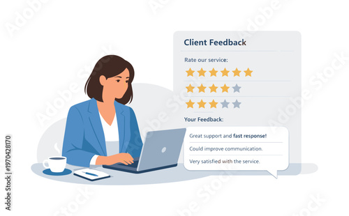 A professional organizing a structured client feedback collection process during a focused work session, sitting at a desk with a laptop while