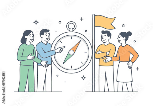 A team alignment and shared vision scene showing a small group coordinating direction around a large compass and a flag, using a clean visual metaphor