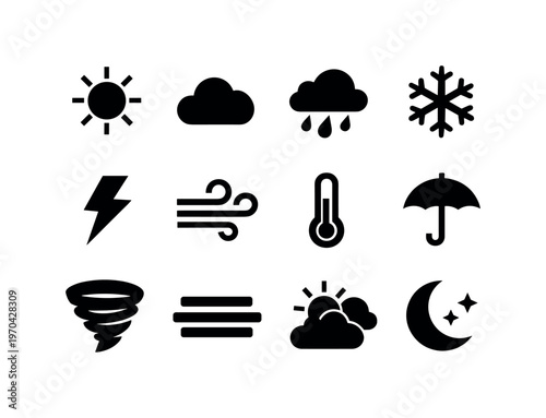 Weather and climate: sun, cloud, rain cloud, snowflake, lightning bolt, wind swirl, thermometer, umbrella, tornado, fog, partly cloudy, moon with