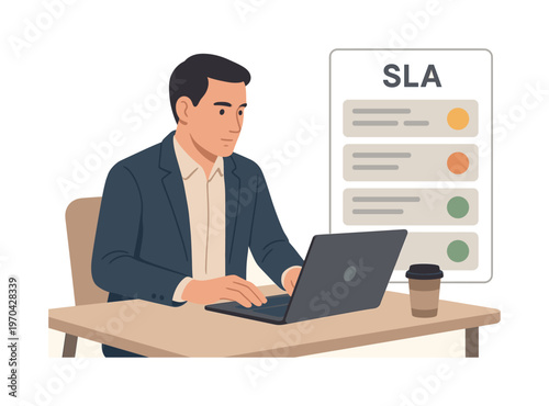 A professional organizing a clear SLA tracking process during a focused work session, sitting at a desk with a laptop while monitoring a simple