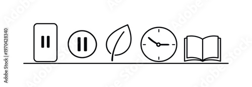 Digital detox and mindful technology use for reducing screen time and improving mental clarity in daily life, smartphone, pause symbol, leaf, clock