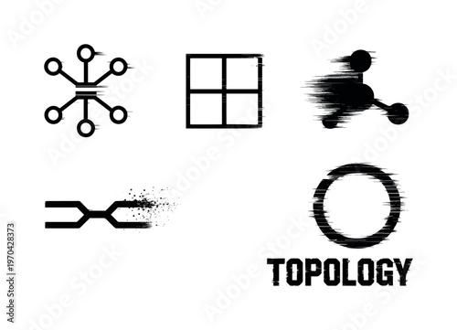 Digital topology mapping and network layout theme, a set of 5 glitch-distorted monochrome objects placed on a perfectly clean white background