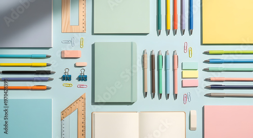 Colorful Pastel Office and School Stationery Supplies Flat Lay