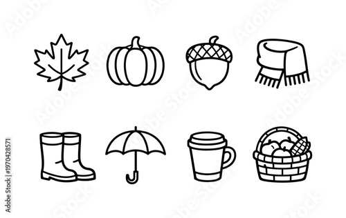Autumn season elements: maple leaf, pumpkin, acorn, scarf, rain boots, umbrella, hot drink cup, harvest basket